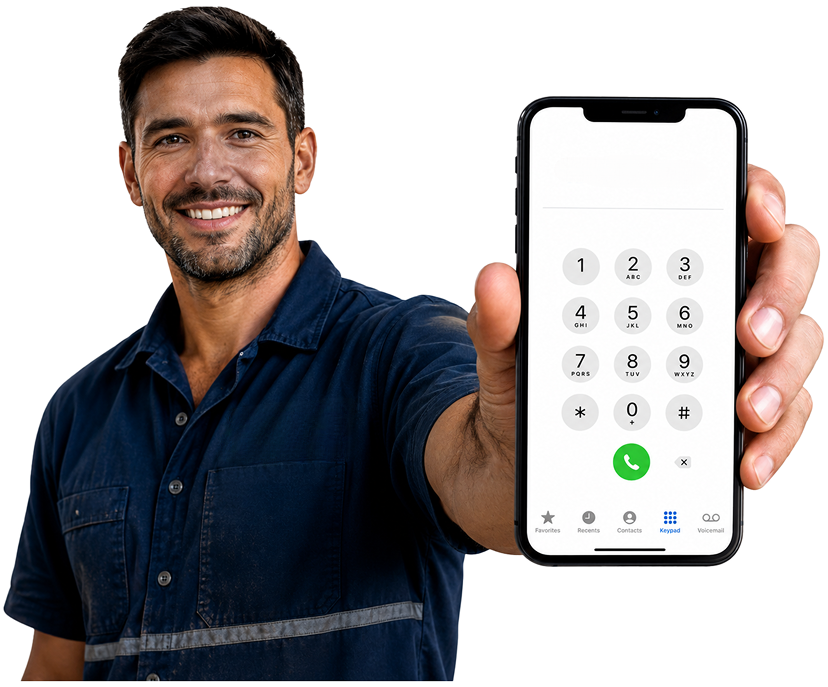 Randwick Blocked Drains plumber holding a phone — call 1300 261 965