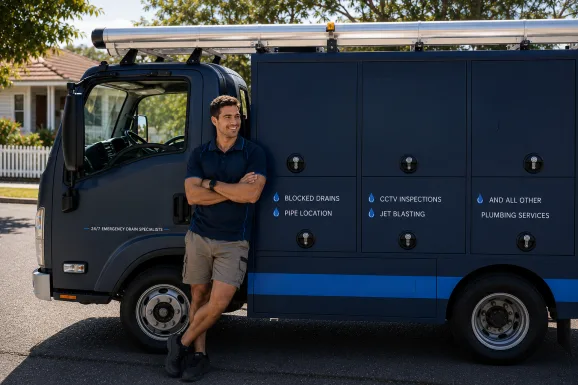 Plumber standing beside a service van in Randwick