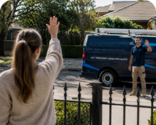 Customer waving goodbye to a Randwick Blocked Drains plumber